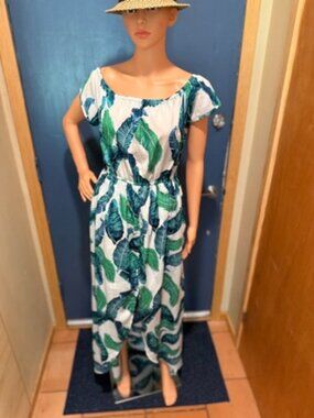 🌿 Tropical Banana Leaf Off-Shoulder Maxi Dress | Ruffle Hem | Size XL